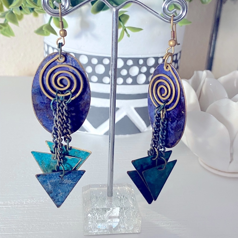 Vintage Artisan hand made Indian style boho purple turquoise gold metal earrings